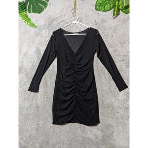 LASULA Women Mini Dress Long Sleeve V-Neck Solid Black Stretch Slim Fit SIZE 10
